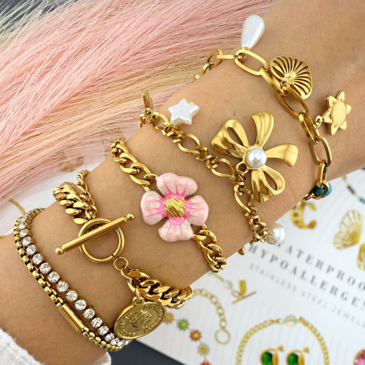 Flower Bracelet, 18K Gold Plated Steel