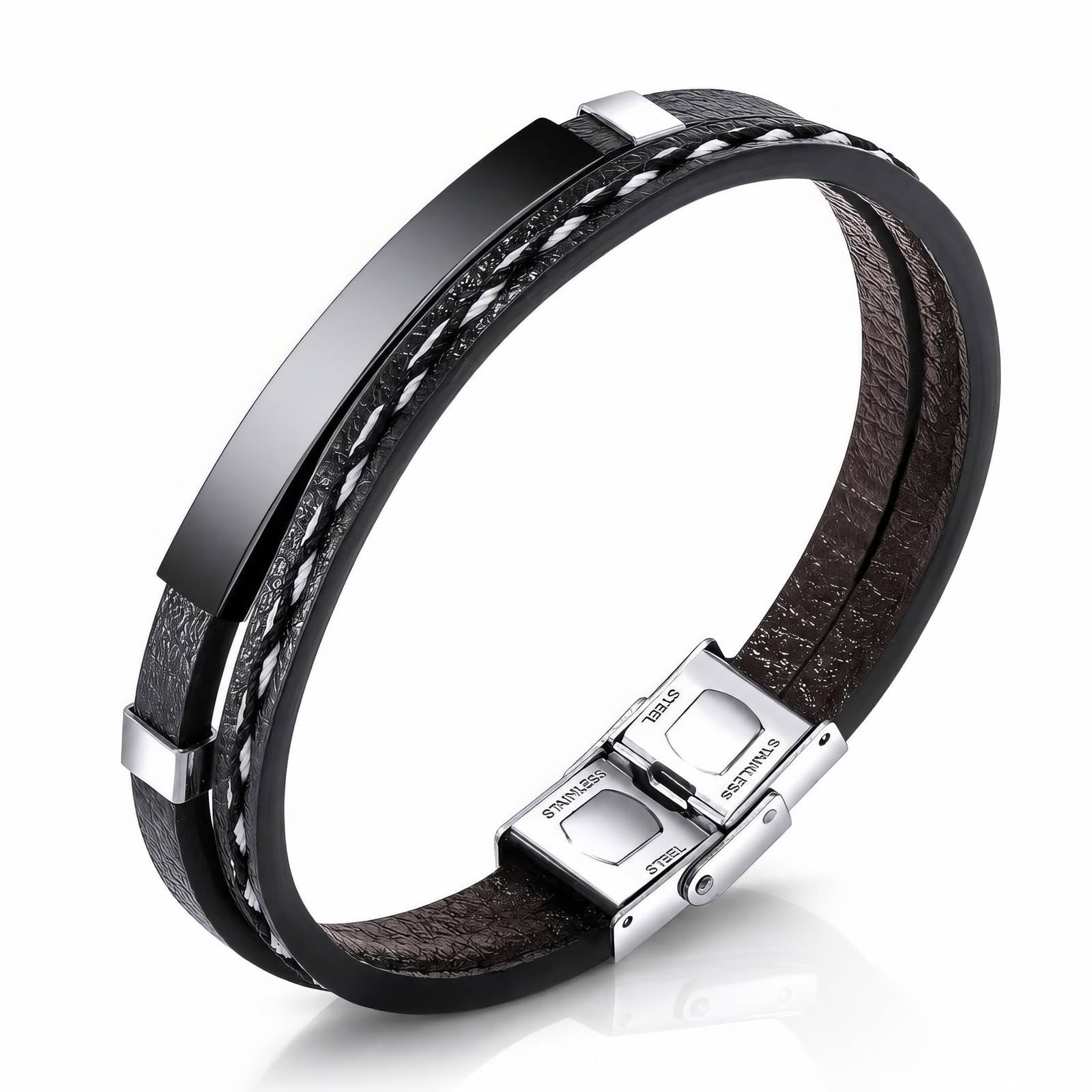 PREORDER Engraving-ready Men's Black PVD Leather Bracelet