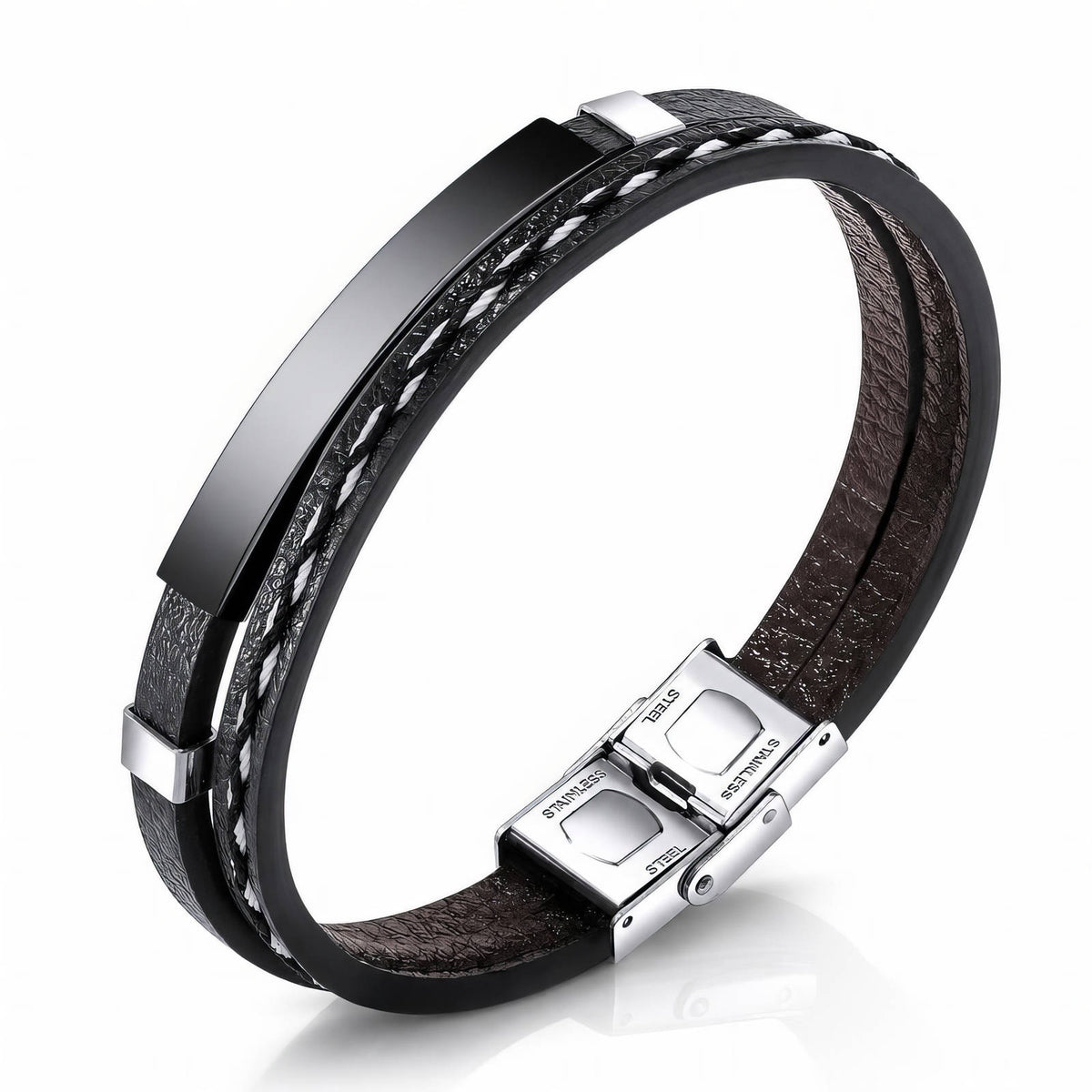PREORDER Engraving-ready Men's Black PVD Leather Bracelet